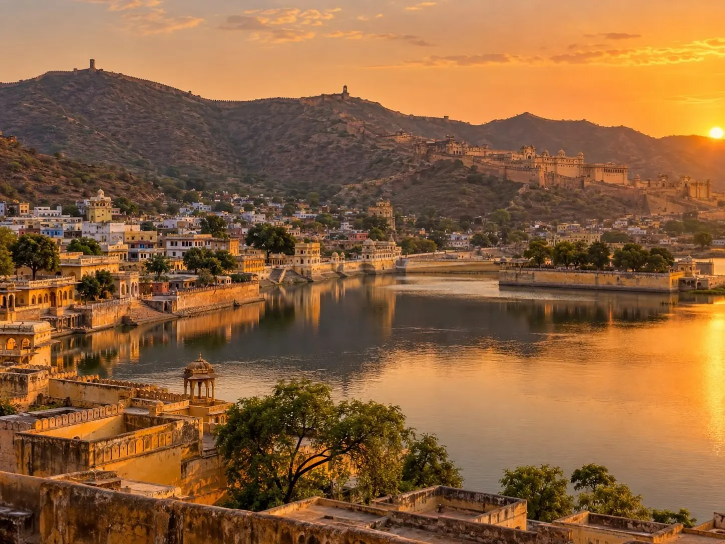 Amer town & Maota Lake at golden hour