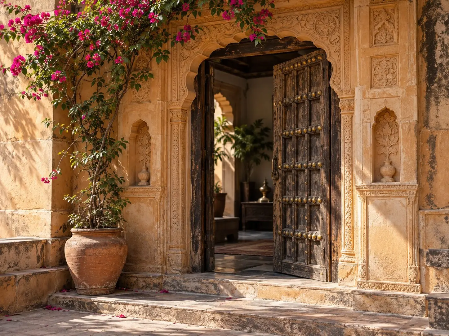 Carved haveli doorway in Amer, soft morning light