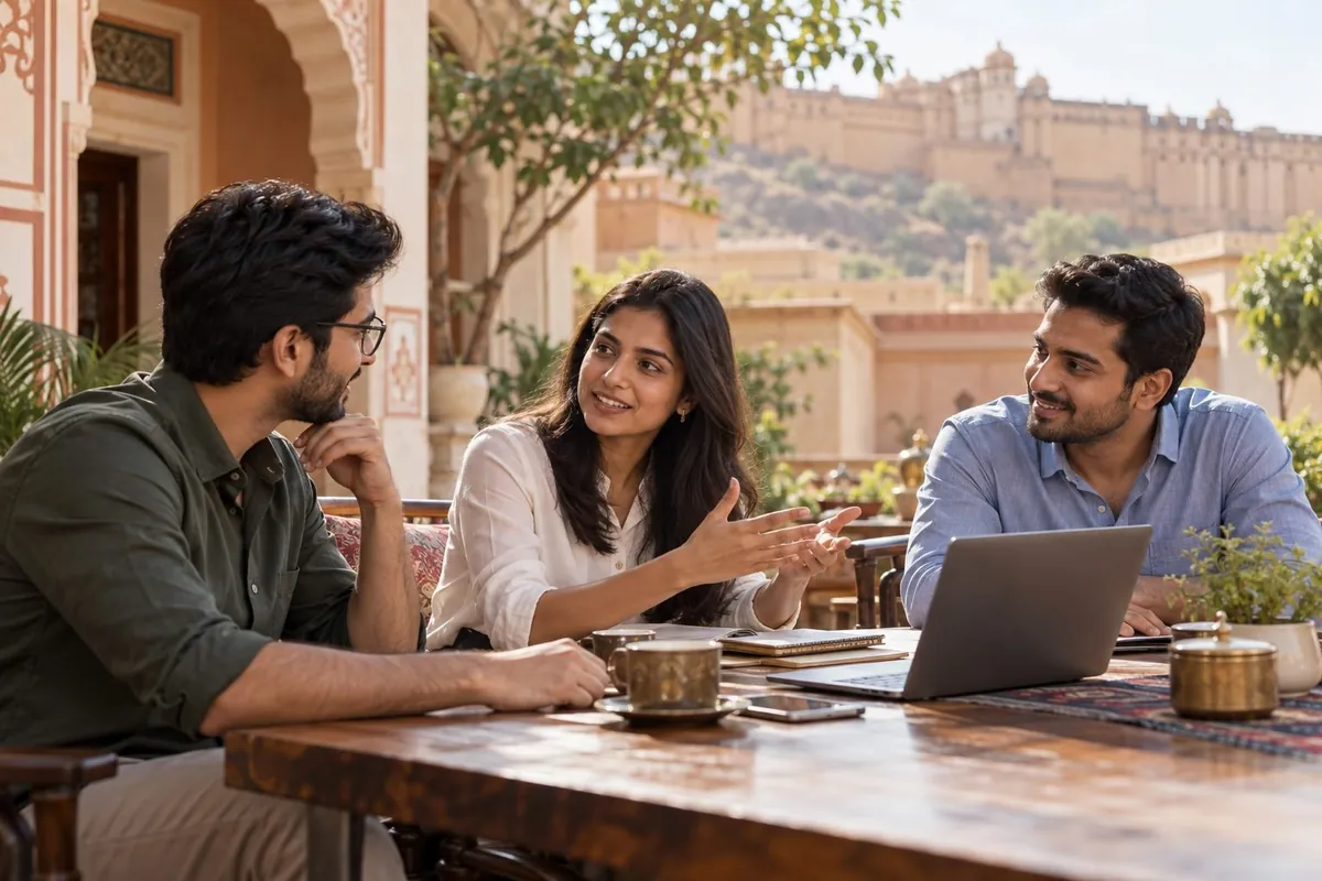Entrepreneurs meeting in a haveli courtyard